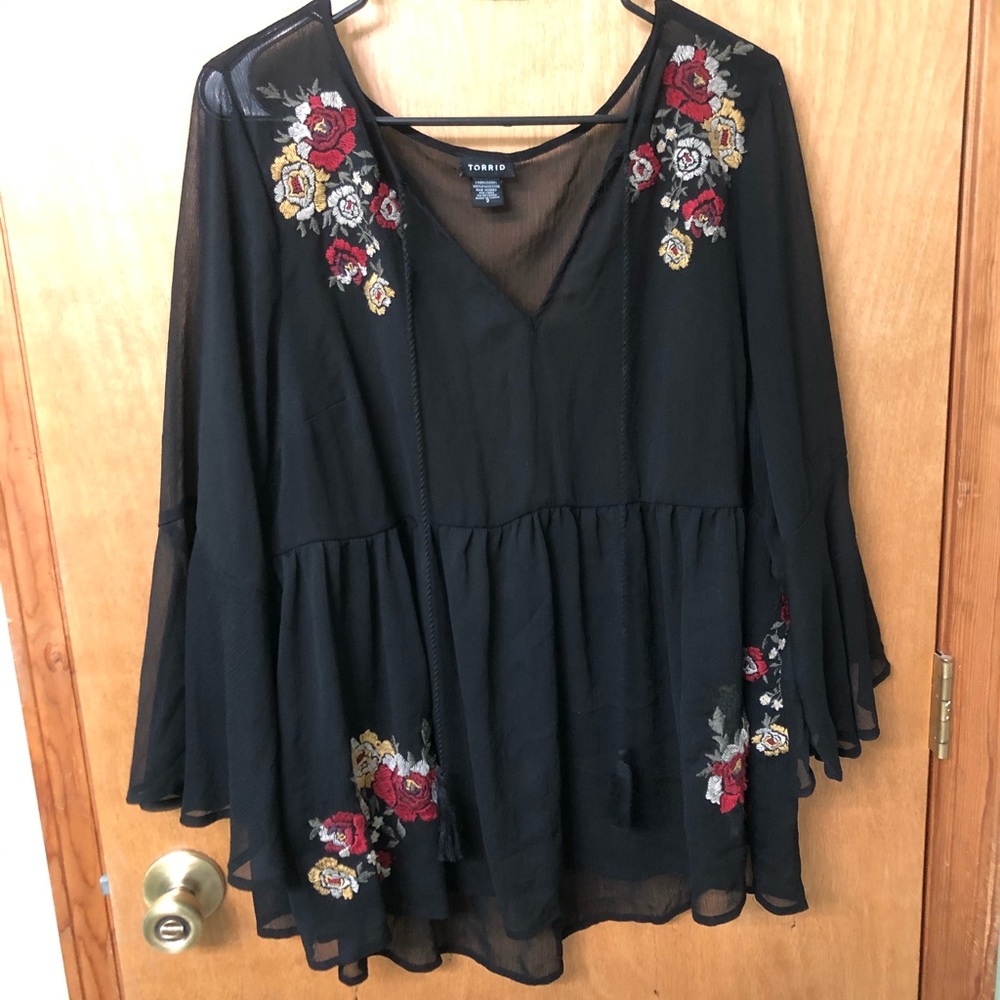 Torrid size 2 sheer embroidered bell sleeve top